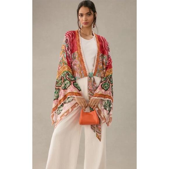 Anthropologie Tops - By Anthropologie Tie Front Multicolor Floral Printed Shine Boho Kimono One Size